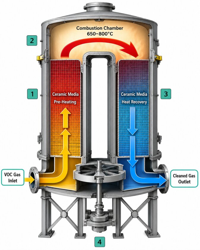 RTO cutaway: ceramic media pre-heating, combustion chamber, heat recovery