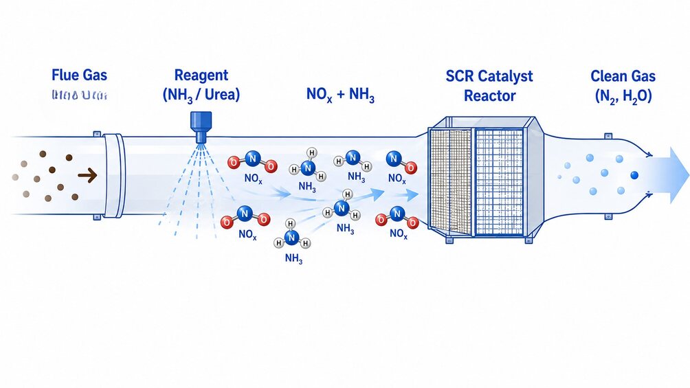 SCR flow: flue gas, reagent injection, catalyst reactor, clean gas